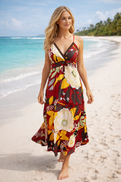Bold Floral Patterned Red Carmen Summer Maxi Dress - Fair Trade 100% Cotton 
